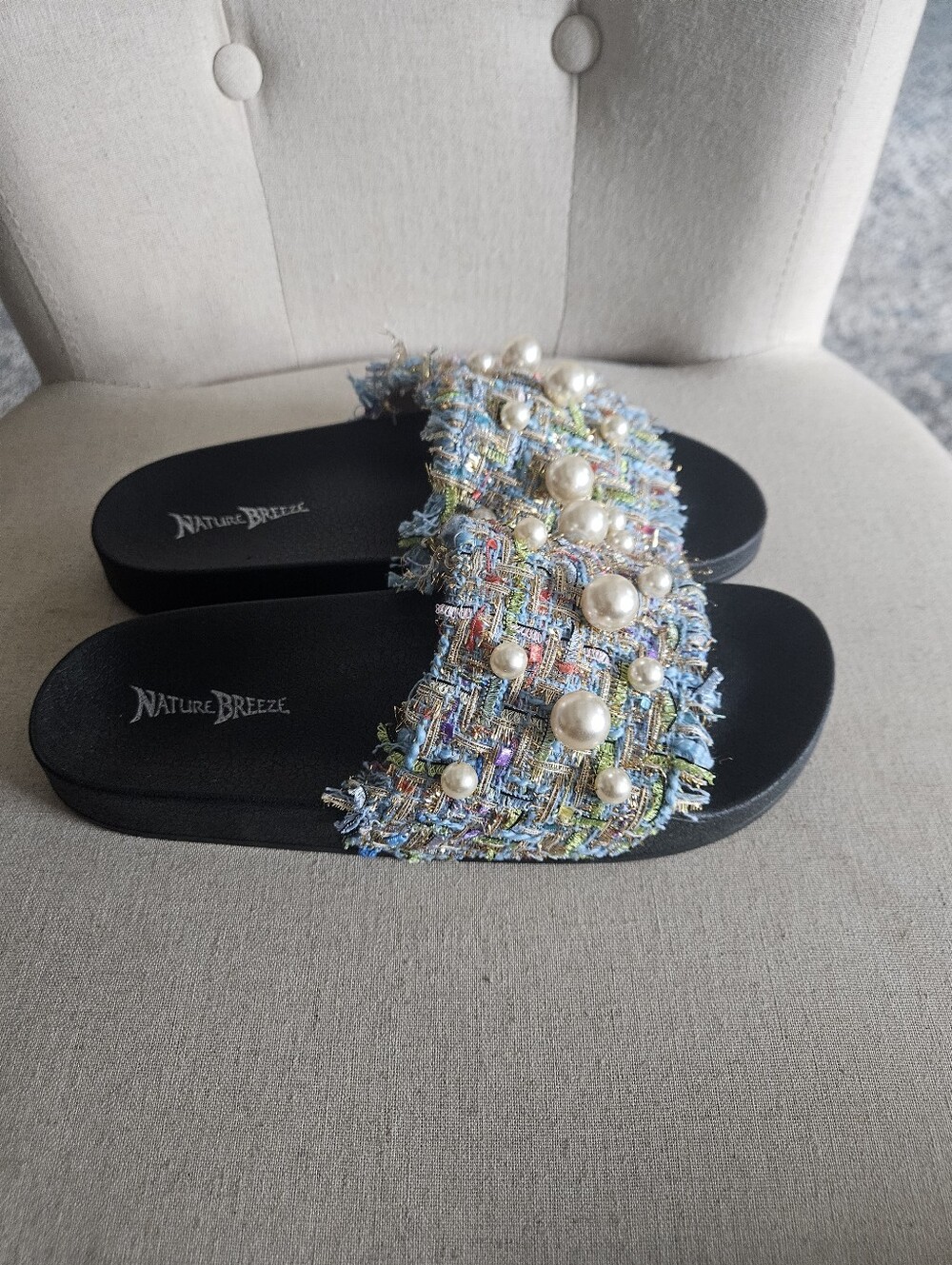 Nature Breeze Multicolor Tweed Pearl Slide Sandals